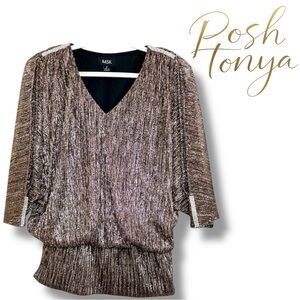 MSK Metallic Cold Shoulder Blouse V-Neck Dolman Brown Size S New Years Eve